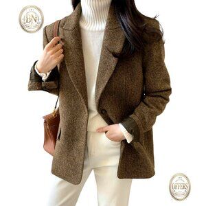 Wool Blend Blazer Jacket Women's Business Casual Work Coat Long Sleeve